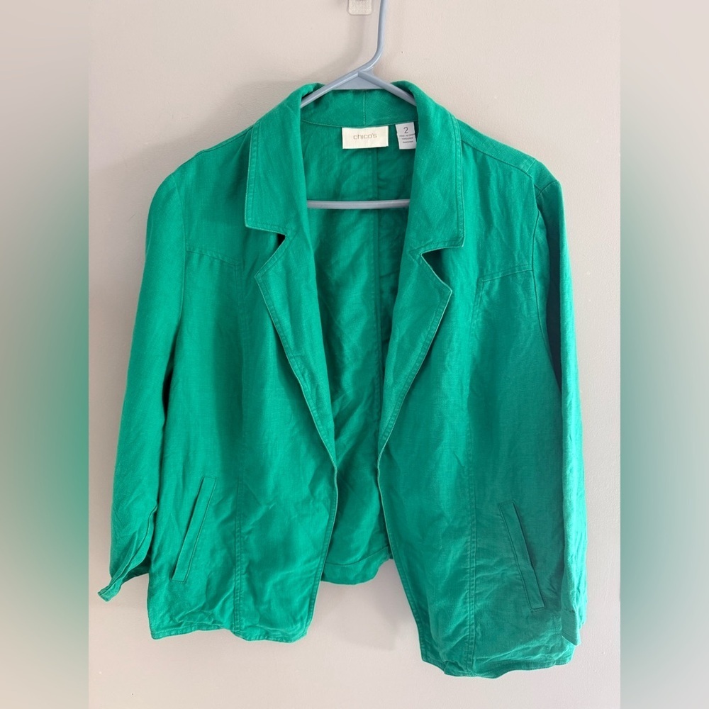 Chicos Women’s Open Front Draped Blazer Jacket SZ 2 Kelly Green Linen 3/4 Sleeve